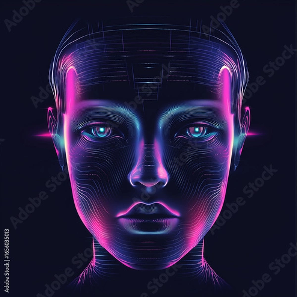 Fototapeta Close up of a digital human face with glowing pink and blue lights on a dark background design art