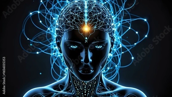 Fototapeta Futuristic AI woman, glowing brain, neural network, digital art, technology, artificial intelligence, cyberpunk, science fiction, abstract, dark background.