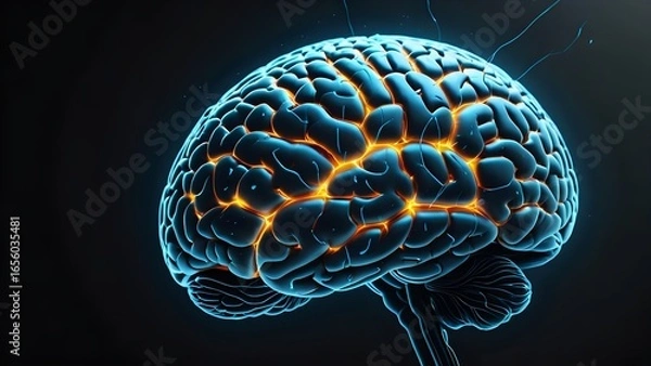 Fototapeta Glowing human brain, detailed 3D render, medical science, neural activity, cognitive function, intellect, mind power, brain health, mental processes, neuron connections, neurological concept.