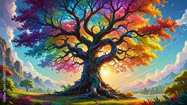 Fototapeta Fantasy colorful tree with rainbow leaves in magical landscape during bright sunset