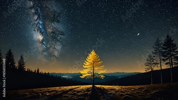 Fototapeta Serene night landscape featuring a glowing golden tree under a breathtaking Milky Way galaxy.  Silhouetted mountains and dark evergreens complete this awe-inspiring scene.
