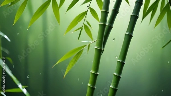 Fototapeta Serene image of vibrant green bamboo stalks with dew drops falling, creating a tranquil and refreshing atmosphere. Perfect for wellness, nature, and spa themes.