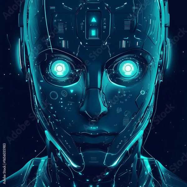 Fototapeta Close up of a futuristic robot face with glowing eyes and intricate circuit details in teal and black hues