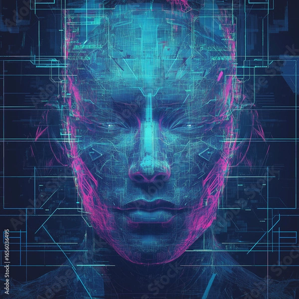 Fototapeta A digital human face composed of interconnected lines and glowing elements in blue and pink hues art