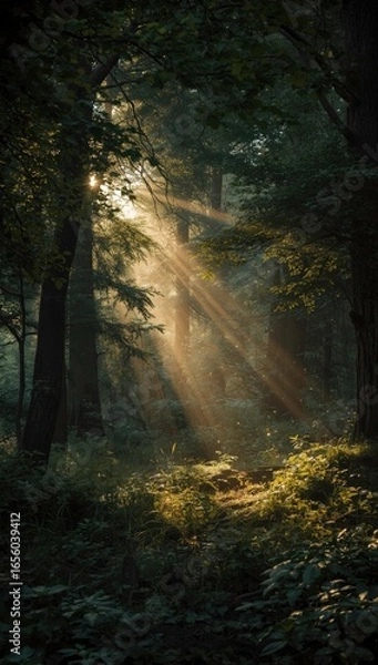 Obraz Sunlight Rays Shining Through Trees in a Peaceful Forest