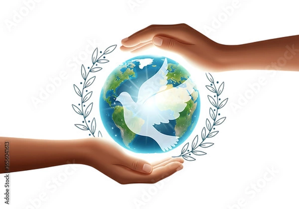 Fototapeta Hands protecting the earth with a dove and laurel wreath isolated on transparent background