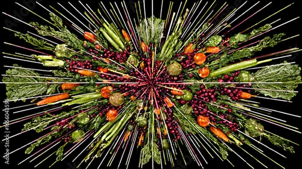 Fototapeta art piece of random food items exploding from a central point in vivid colors