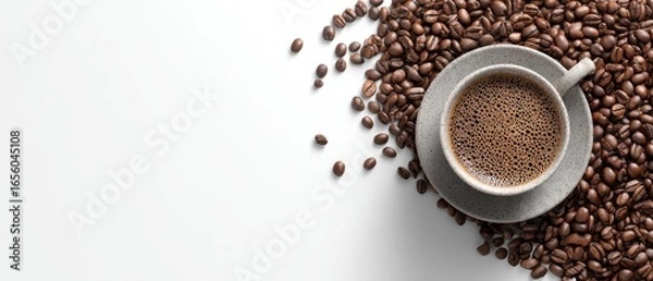 Obraz A gray cup of coffee surrounded by coffee beans on a white background