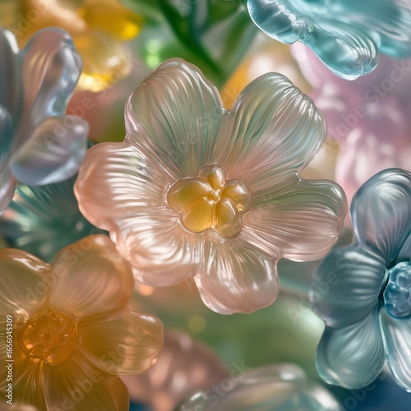 Fototapeta Close up view of translucent pastel colored flower decorations with a soft and dreamy aesthetic style