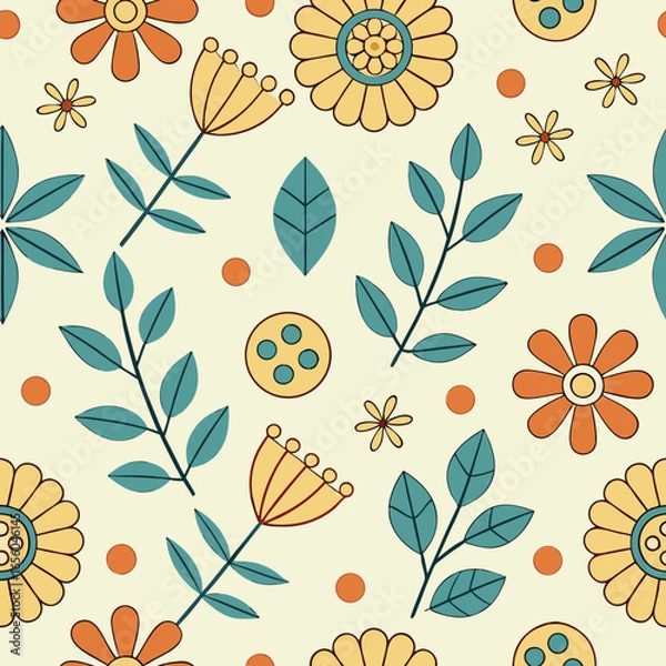 Fototapeta Seamless retro floral pattern with yellow orange and teal elements vintage