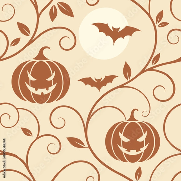 Fototapeta Spooky Halloween pattern with jack o lanterns and bats on beige background pumpkin