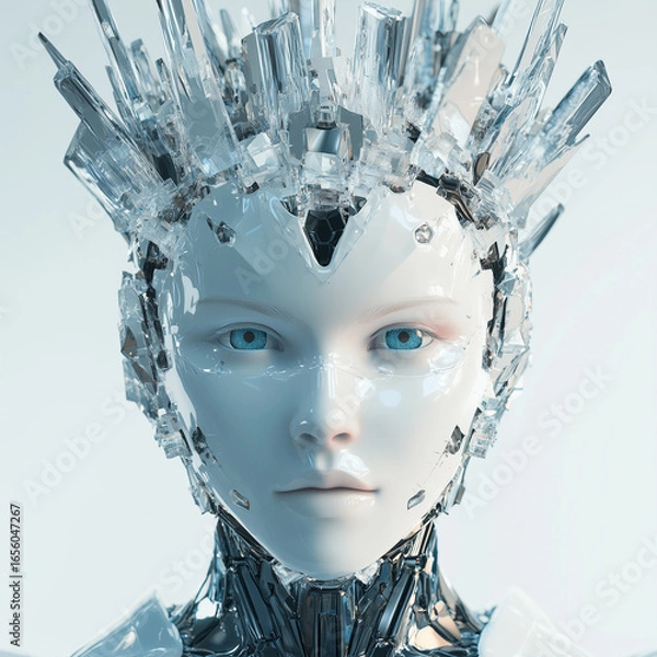 Fototapeta Close up of a futuristic robot with crystal headpiece and striking blue eyes on a white background