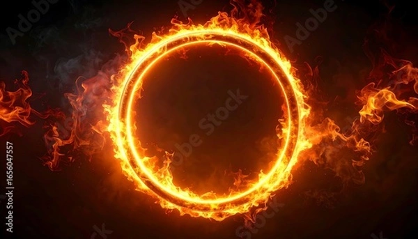Fototapeta A fiery, vibrant ring of flames encircles a dark background, creating a dramatic and powerful visual effect.