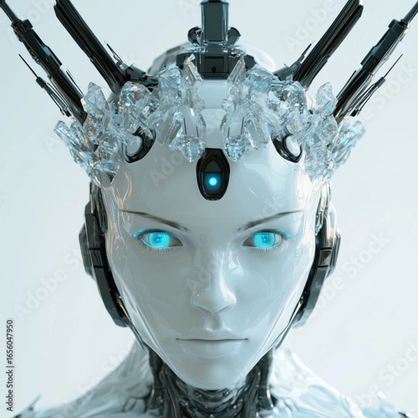 Fototapeta Close up of a futuristic robot with a crystal crown and glowing blue eyes on a white background