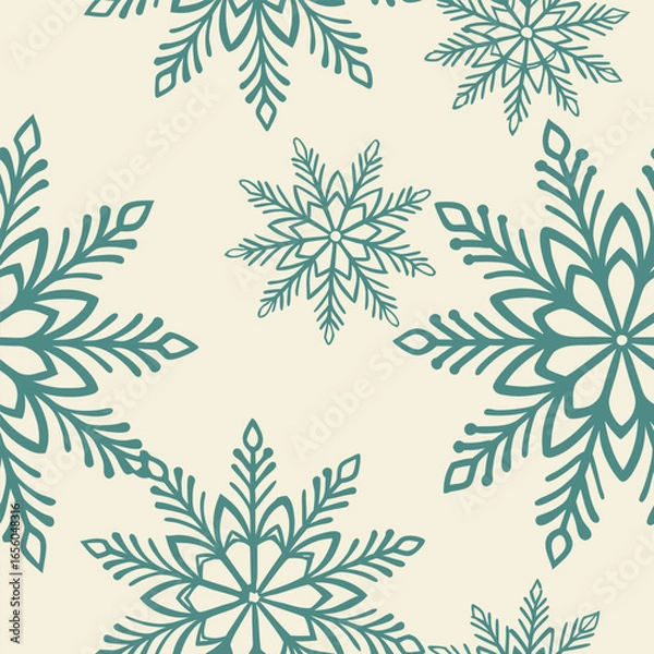 Fototapeta Teal blue snowflake pattern on a cream background seamless repeat winter