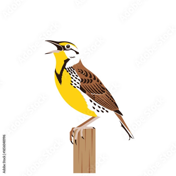 Fototapeta Illustration of a Western Meadowlark Perched on a Post, Cartoon depiction of a songbird on a wooden post against white