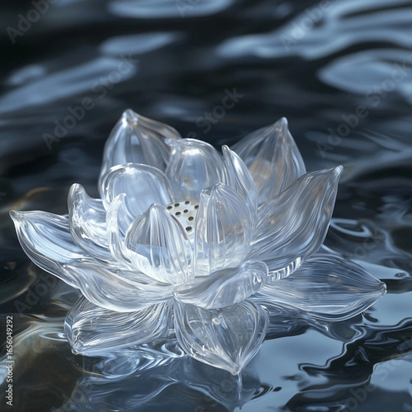 Fototapeta A clear glass lotus flower floating on rippled water with reflections creating a serene and calming scene