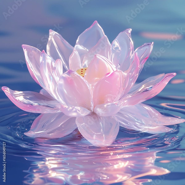 Fototapeta Close up of a pink and white lotus flower floating on water with a blurred blue background in soft lighting