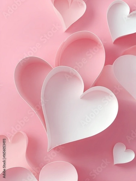 Fototapeta Minimalist Valentine's Day background in soft pink and white tones with abstract heart patterns formed through negative space design, evoking a clean, romantic and modern aesthetic