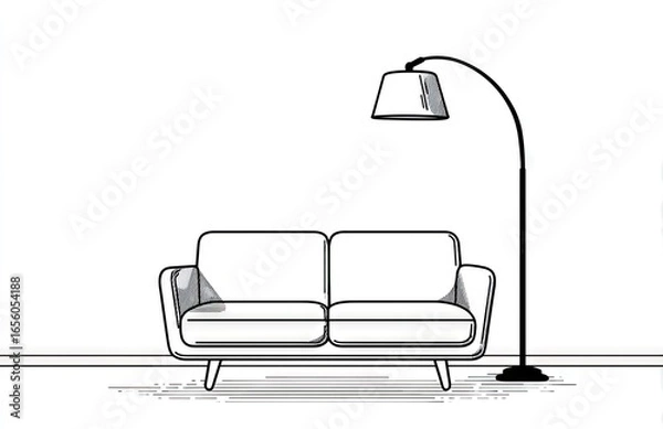 Fototapeta Simple line drawing of a sofa and floor lamp