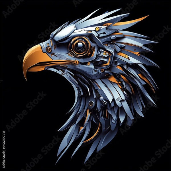 Fototapeta Close up of a robotic eagle head with metallic feathers and golden beak on a black background art