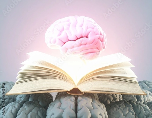Fototapeta Surreal Brain Floating Above Glowing Book with Black Brain Surface
