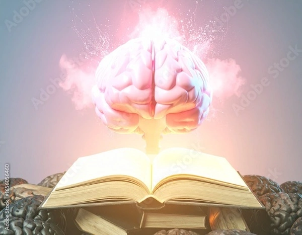 Fototapeta Glowing Brain Charging Knowledge from Open Book with Dark Brain Background