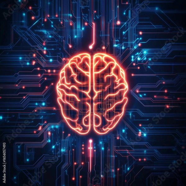 Fototapeta Glowing brain surrounded by circuit board lines and dots representing artificial intelligence concept design