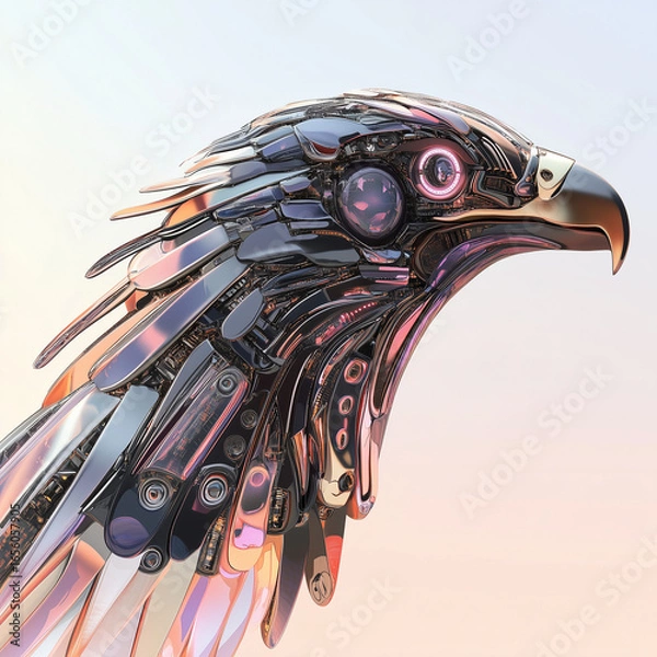 Fototapeta Close up of a futuristic mechanical eagle head with metallic feathers and glowing pink eyes on light background