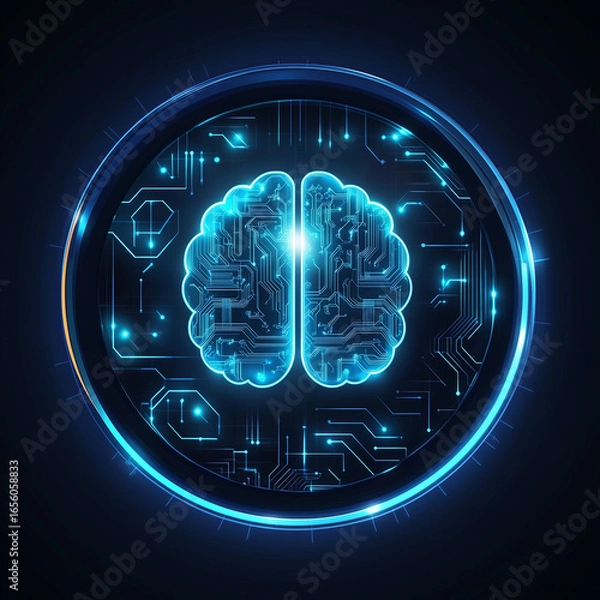 Fototapeta A glowing brain with circuit patterns encased in a circular frame against a dark background image design
