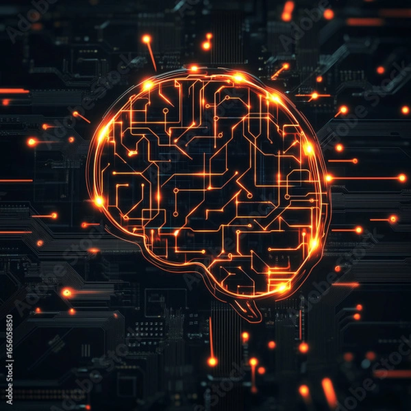 Fototapeta Glowing brain circuit illustration with orange light on a dark background with connections visible