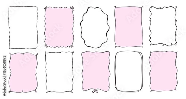 Fototapeta Whimsical Doodle Frames and Borders. Vector Wavy Decorative Frames Set with Hand-Drawn Lines and Coquette Charm