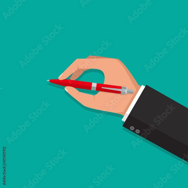 Fototapeta Vector isolated illustration, flat design. Man holds a pen and writes. Pen in hand.