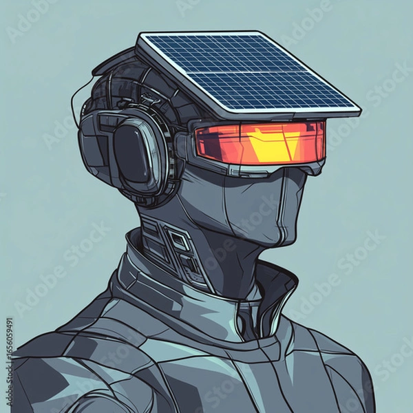 Fototapeta Illustration of a futuristic cyborg with a solar panel on its head and orange tinted visor