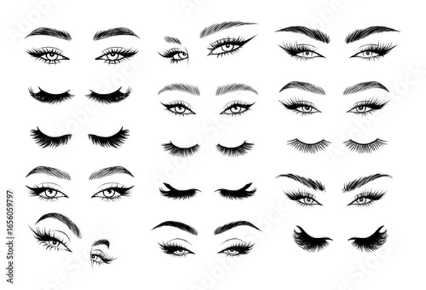 Fototapeta Glamorous eyelash and eyebrow vector set for makeup artists and beauty brands. Includes long lashes, smoky liner, and natural brow shapes.