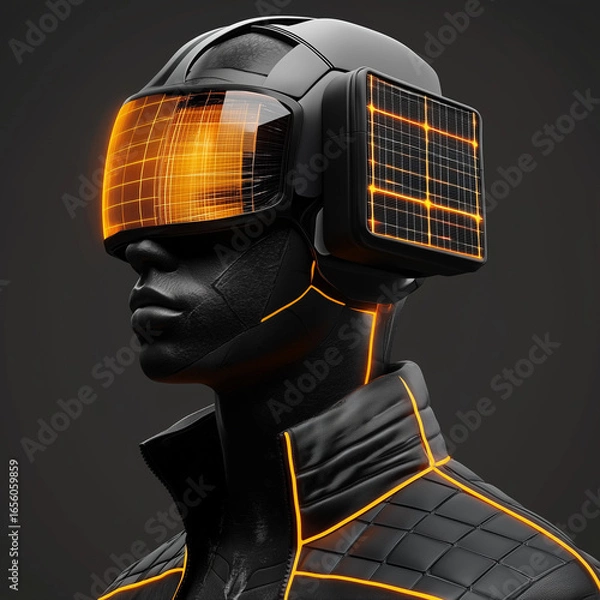 Fototapeta A futuristic figure wearing a helmet with a glowing orange grid pattern and a black quilted jacket