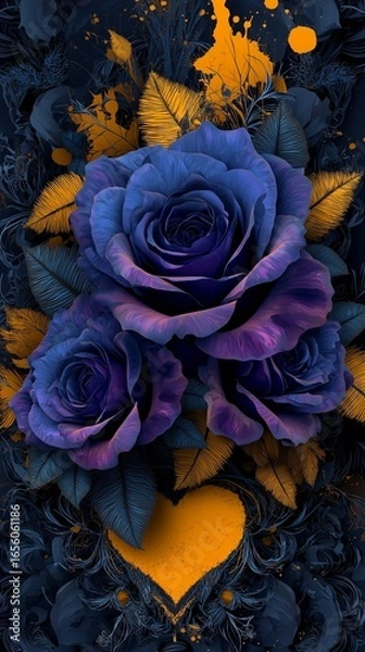 Fototapeta A vivid Violet rose against a deep black figure, accented with elegant yellow floral designs that add a touch of romance and sophistication. Vivid Violet Rose with Elegant Yellow Floral Accents Black