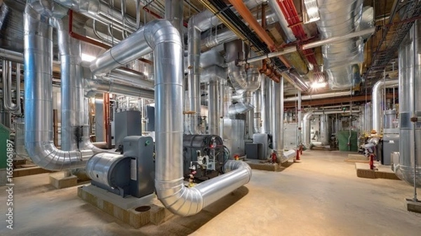 Fototapeta Industrial hvac system operation in commercial facility high-resolution imagery mechanical environment wide-angle view efficiency and performance concepts