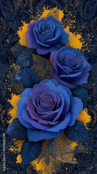 Fototapeta A vivid Violet rose against a deep black figure, accented with elegant yellow floral designs that add a touch of romance and sophistication. Vivid Violet Rose with Elegant Yellow Floral Accents Black