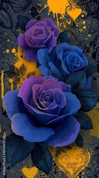 Fototapeta A vivid Violet rose against a deep black figure, accented with elegant yellow floral designs that add a touch of romance and sophistication. Vivid Violet Rose with Elegant Yellow Floral Accents Black