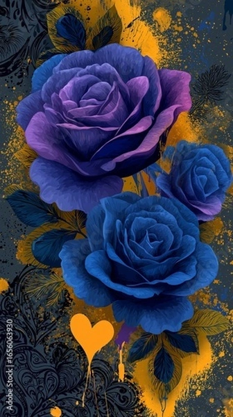Fototapeta A vivid Violet rose against a deep black figure, accented with elegant yellow floral designs that add a touch of romance and sophistication. Vivid Violet Rose with Elegant Yellow Floral Accents Black
