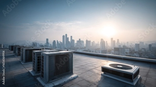 Fototapeta Cooling systems on rooftop of urban skyscraper at sunrise capturing modern cityscape and hvac equipment in clear sky environment