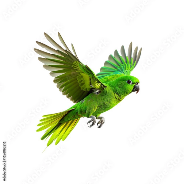 Fototapeta Exuberant Green Parrot Soaring Freely, Isolated on transparent background