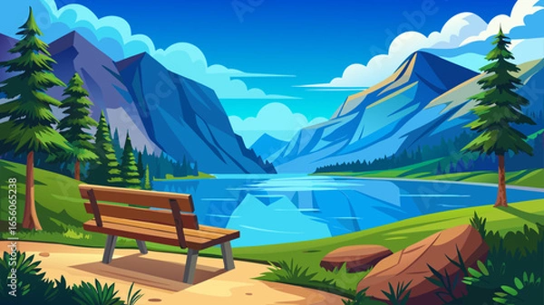Fototapeta very beautiful Serene Wooden Bench Overlooking Vibrant Blue Mountain Lake with Clear Sky and Rugged Hillside - Tranquil Nature Scene Perfect for Relaxation and Meditation 