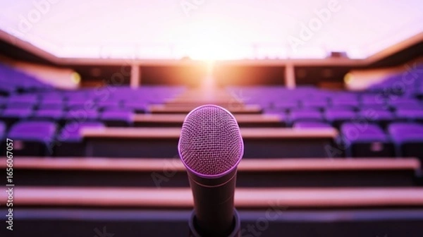 Fototapeta Microphone on stage with empty seats ready for a speaker, conference, or public performance