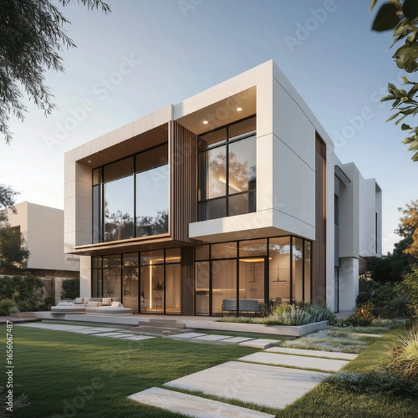 Fototapeta Modern two story house with large windows and a well manicured lawn on a sunny day with blue skies above