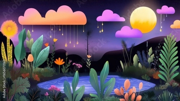 Fototapeta Digital landscape at twilight featuring a tranquil pond surrounded by lush flora and vibrant clouds under a golden moonlight