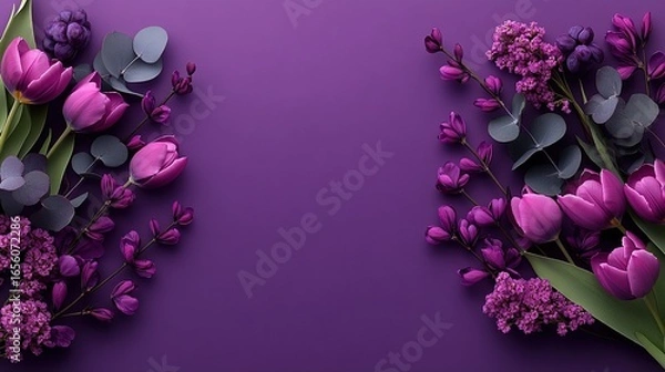 Obraz Abstract modern purple background with floral flat lay tulips eucalyptus on right, copy space minimalist concept high resolution professional.