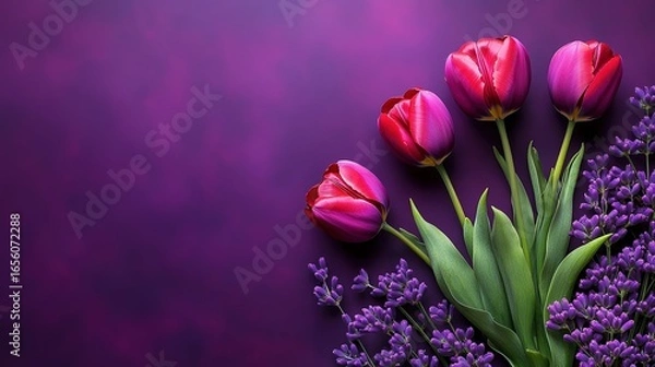 Obraz Spring fresh purple background with flat lay tulips and eucalyptus on right, copy space minimalist design high resolution sharp.