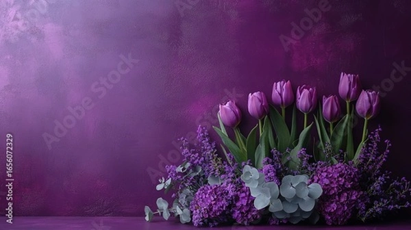 Obraz Print media purple floral background with flat lay tulips eucalyptus on right, copy space minimalist high resolution, invitation card ready.